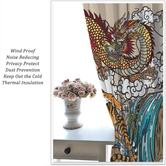 Chinese Dragon & Tiger in The Waterfall Landscape Window Curtain - Picture 7 of 7